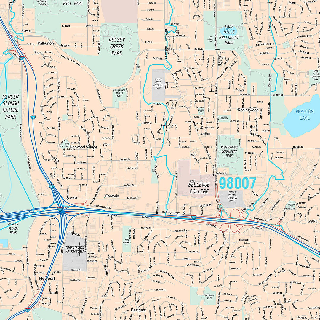 Premium Style Wall Map of Bellevue, WA