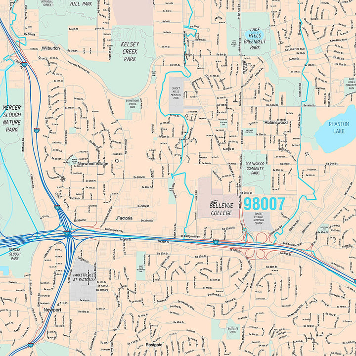 Premium Style Wall Map of Bellevue, WA
