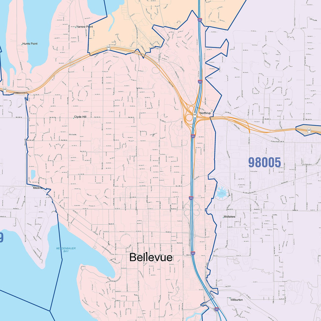 Color Cast Zip Code Style Wall Map of Bellevue, WA