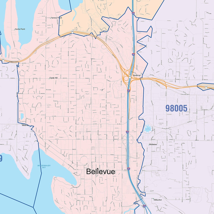 Color Cast Zip Code Style Wall Map of Bellevue, WA