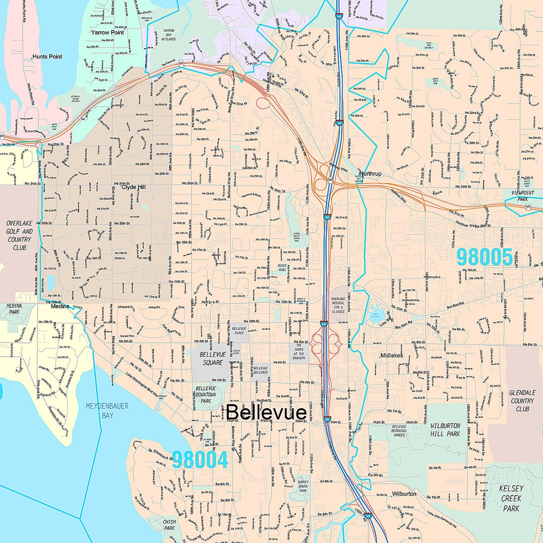 Premium Style Wall Map of Bellevue, WA
