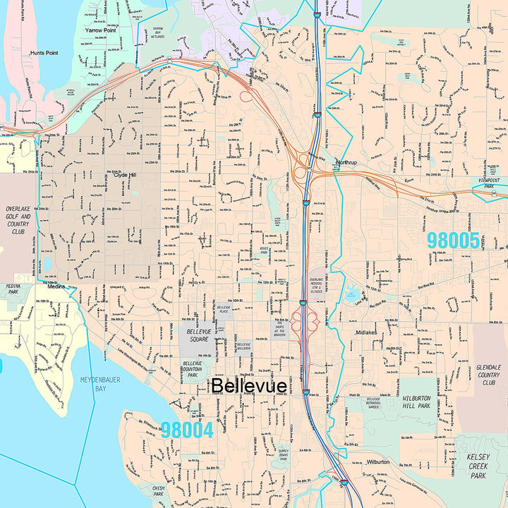 Premium Style Wall Map of Bellevue, WA