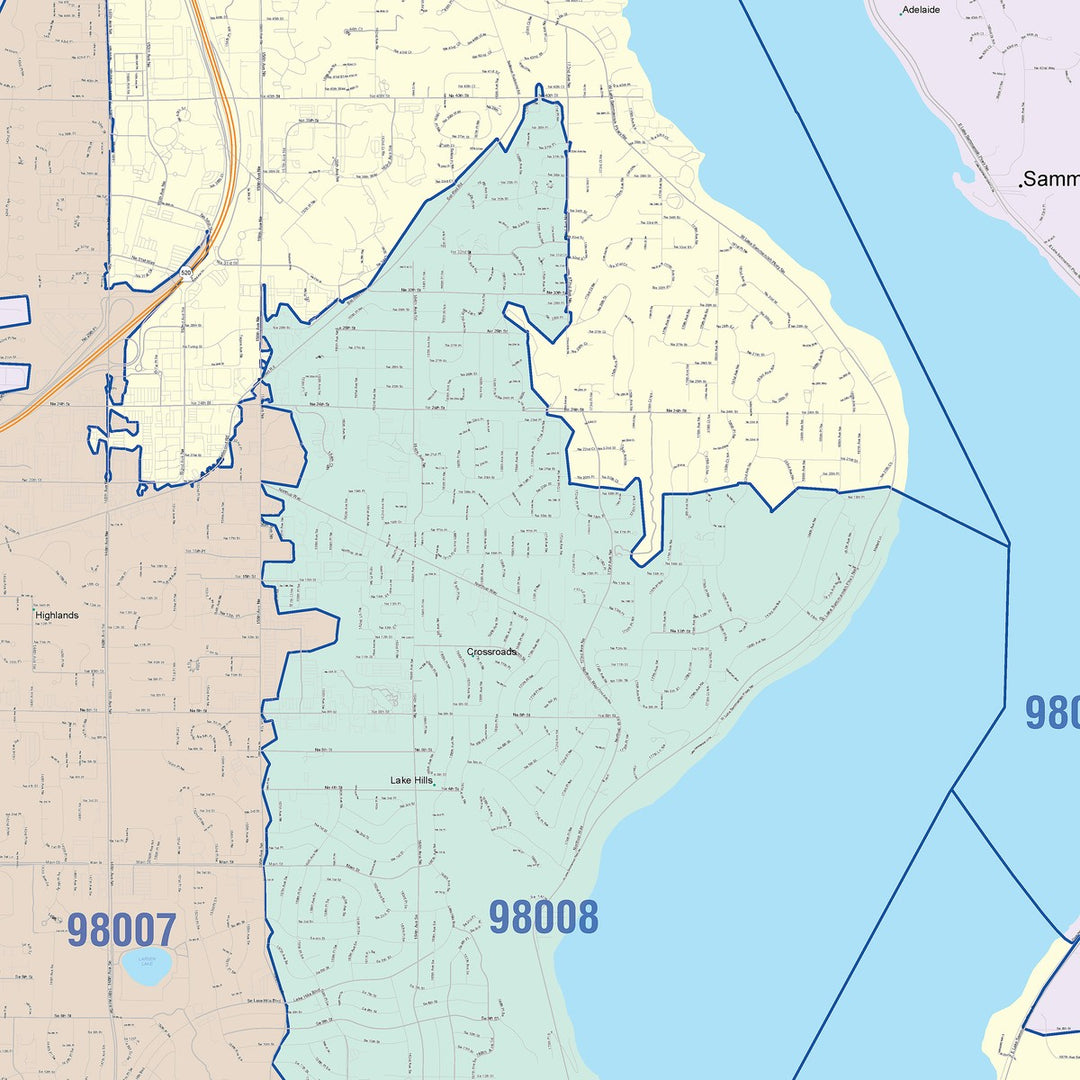 Color Cast Zip Code Style Wall Map of Bellevue, WA
