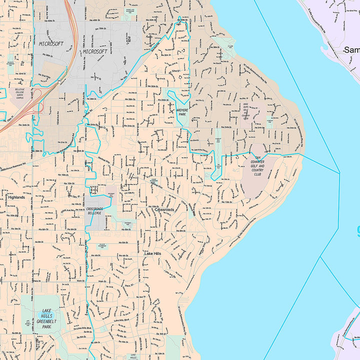 Premium Style Wall Map of Bellevue, WA