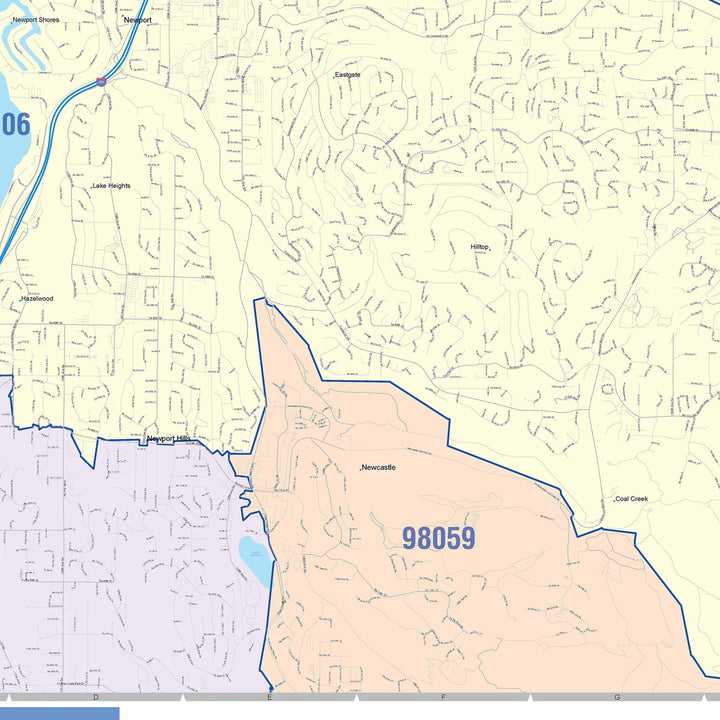 Color Cast Zip Code Style Wall Map of Bellevue, WA