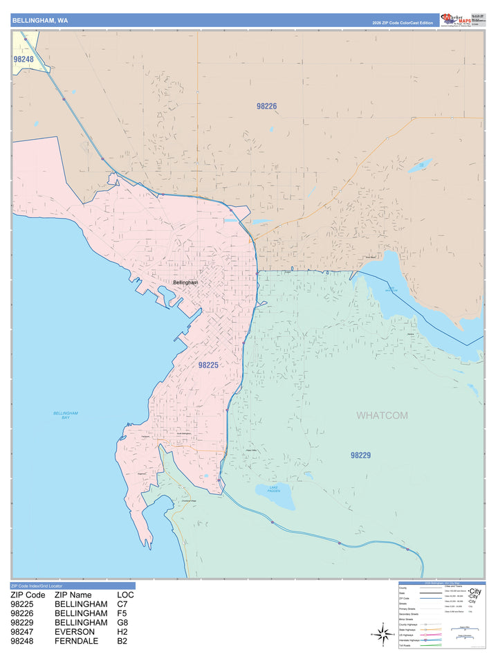 Color Cast Zip Code Style Wall Map of Bellingham, WA