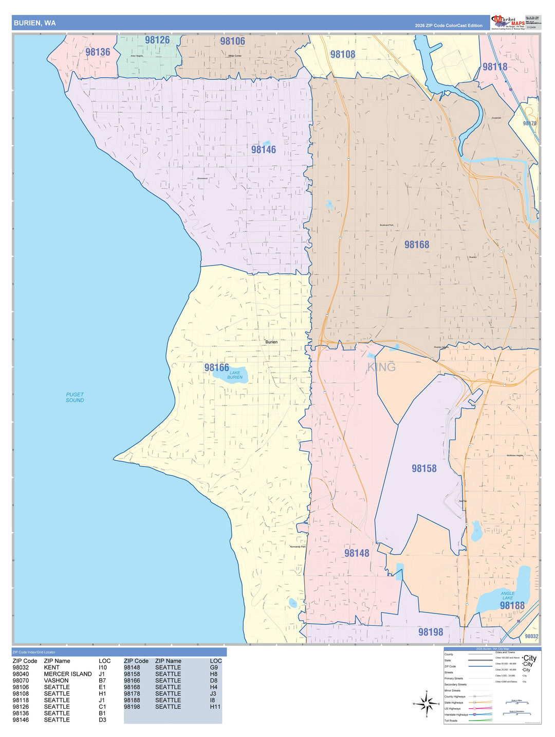 Color Cast Zip Code Style Wall Map of Burien, WA