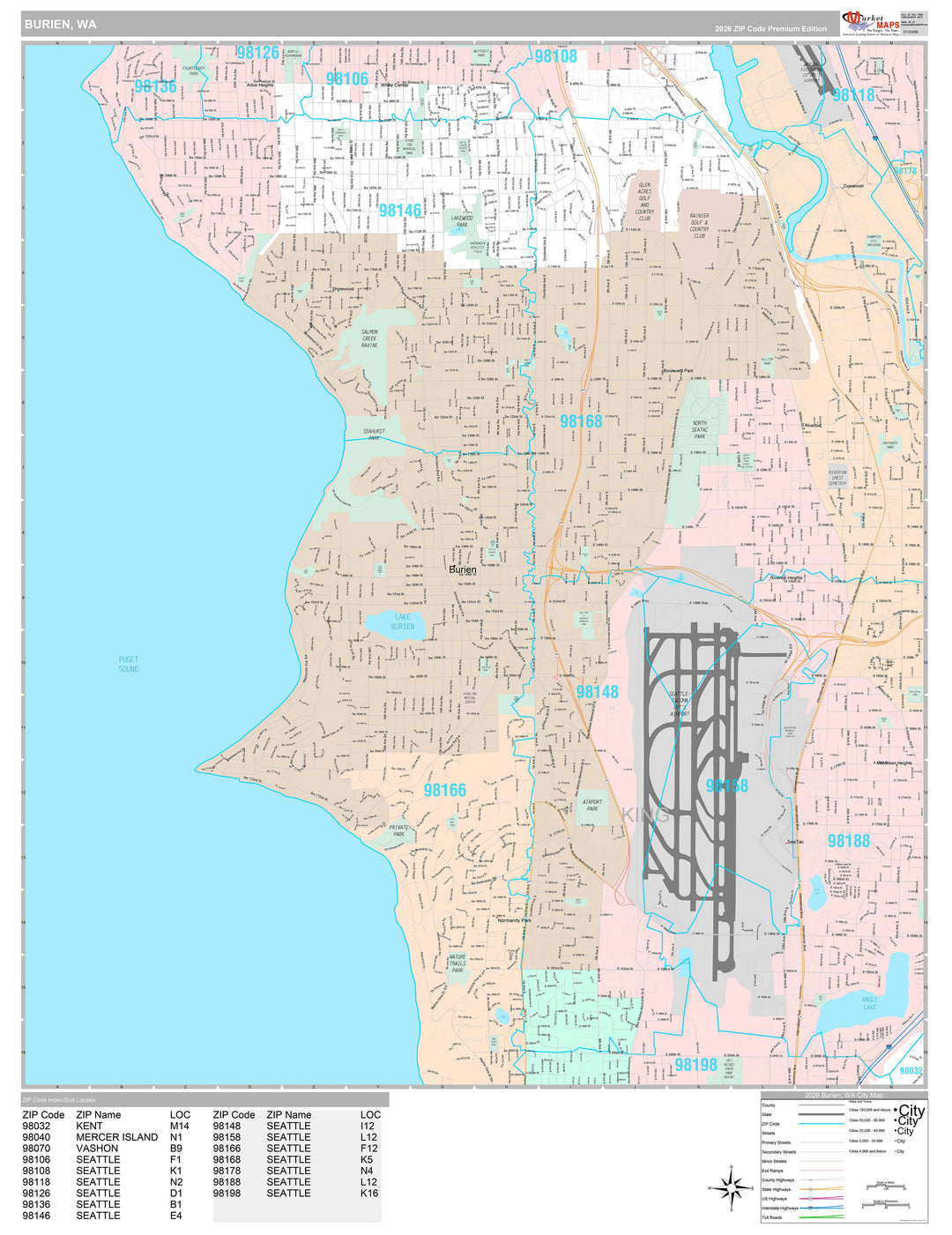 Premium Style Wall Map of Burien, WA