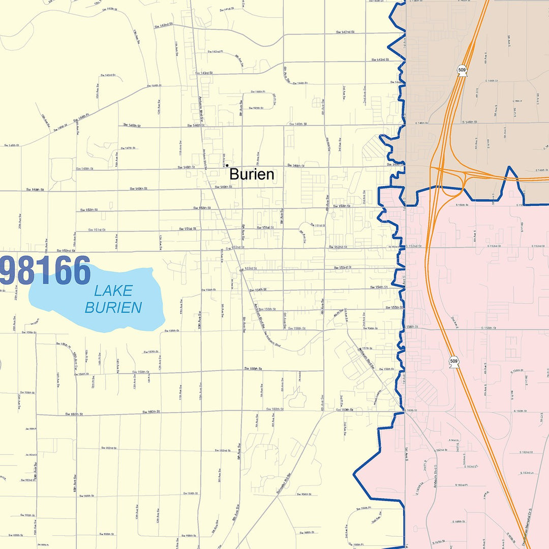 Color Cast Zip Code Style Wall Map of Burien, WA