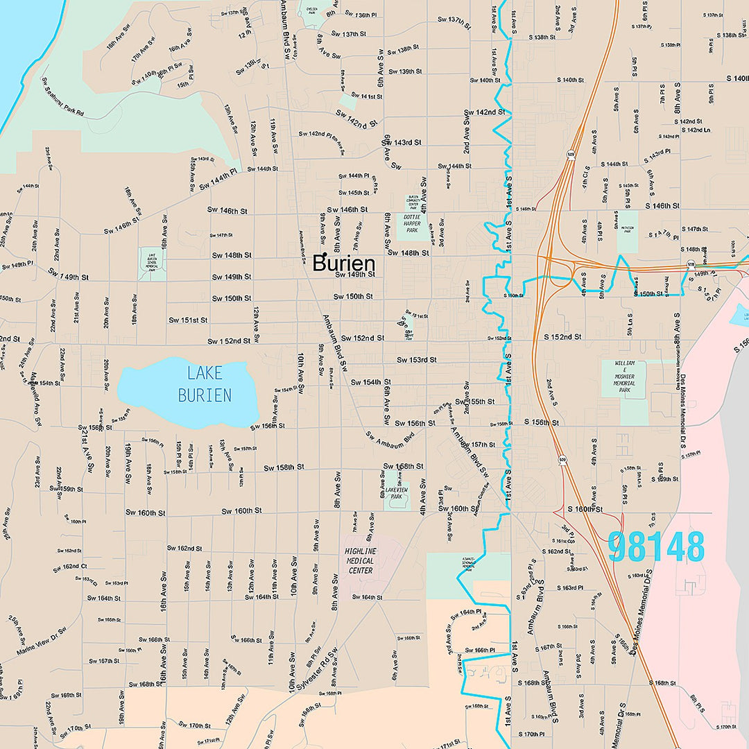 Premium Style Wall Map of Burien, WA