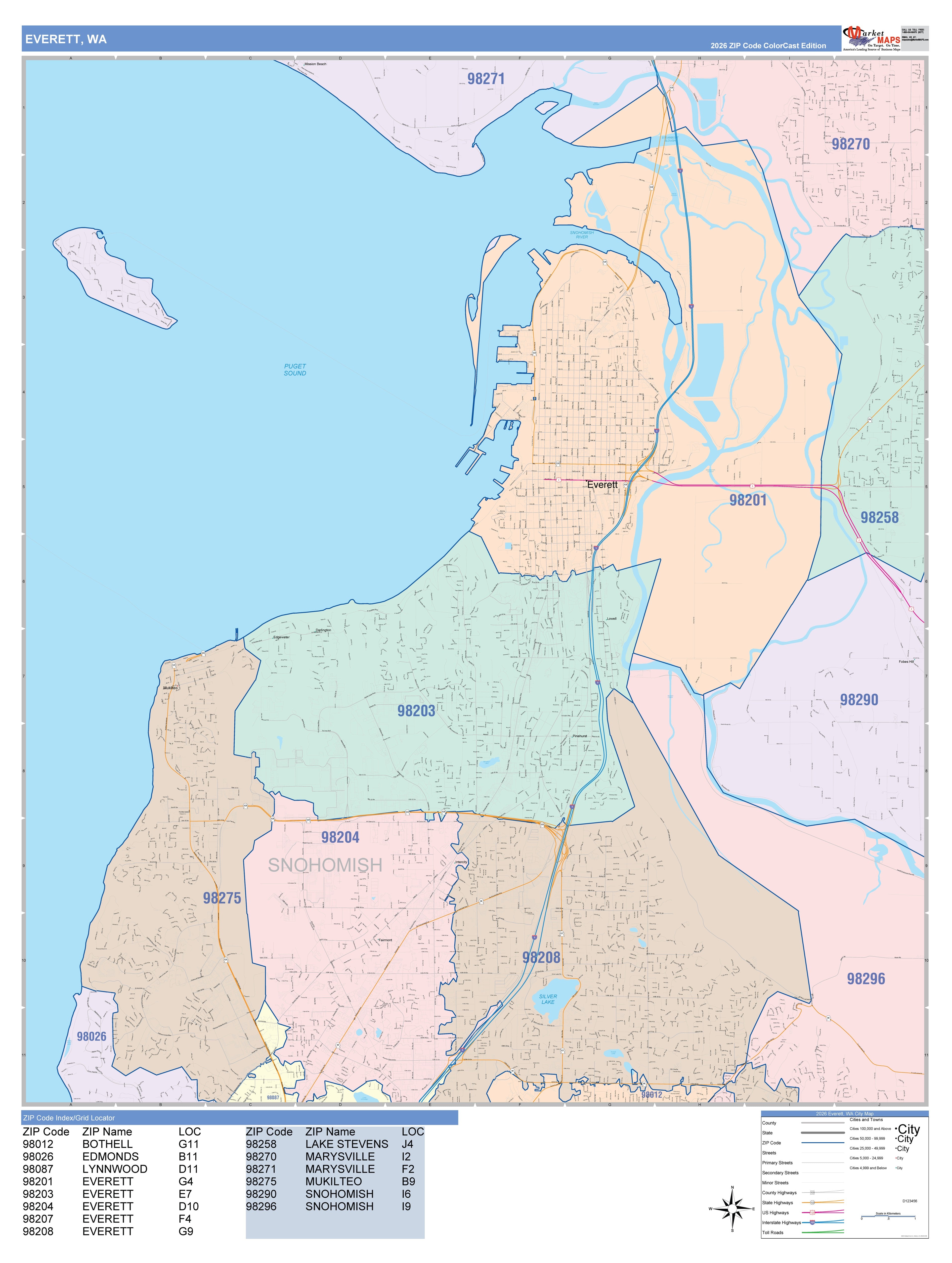 Color Cast Zip Code Style Wall Map of Everett, WA – American Map Store