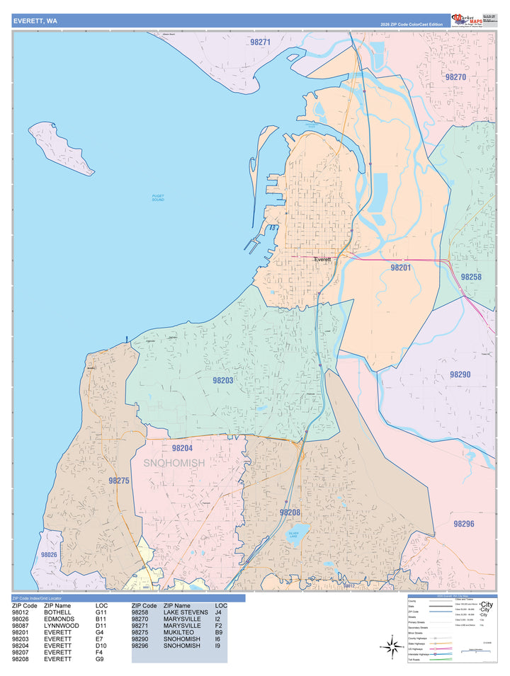 Color Cast Zip Code Style Wall Map of Everett, WA