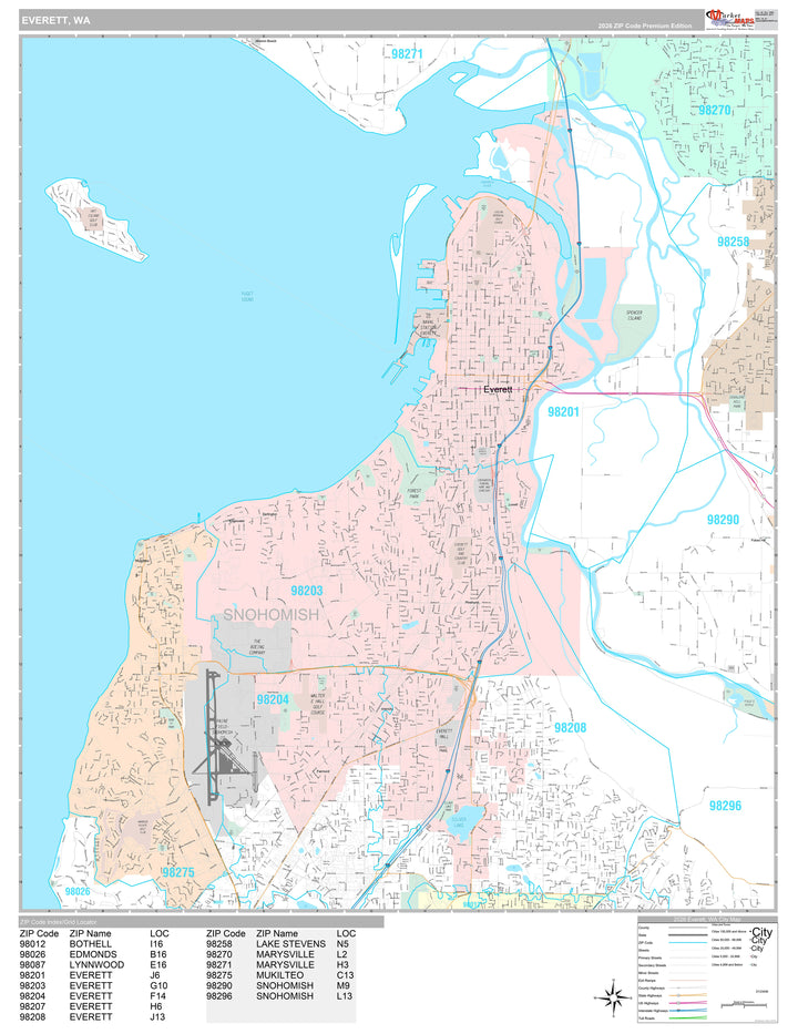 Premium Style Wall Map of Everett, WA