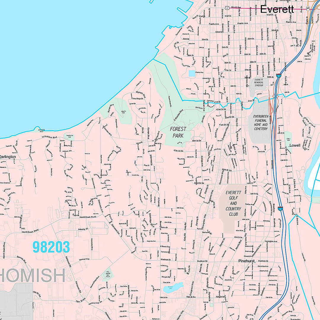 Premium Style Wall Map of Everett, WA