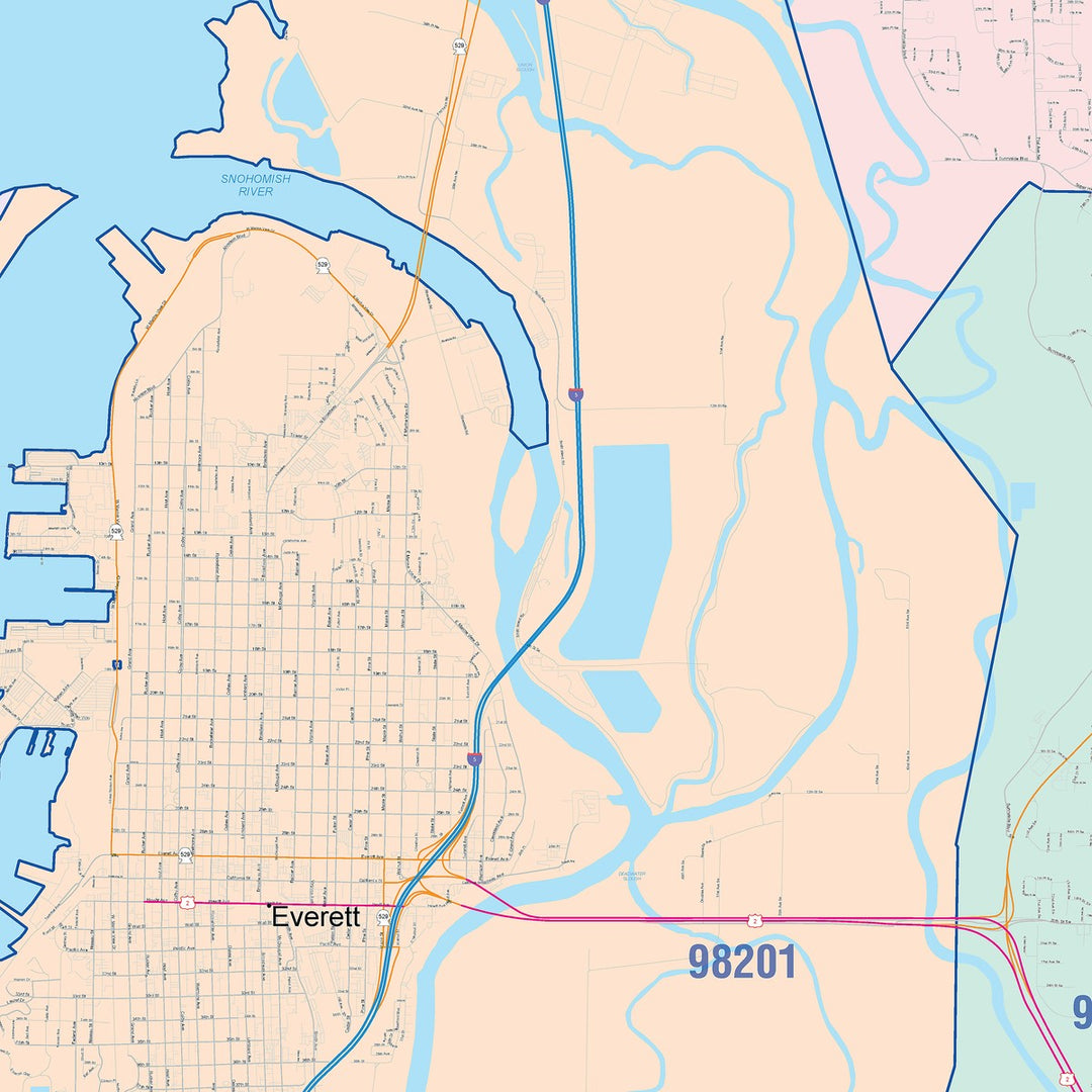 Color Cast Zip Code Style Wall Map of Everett, WA