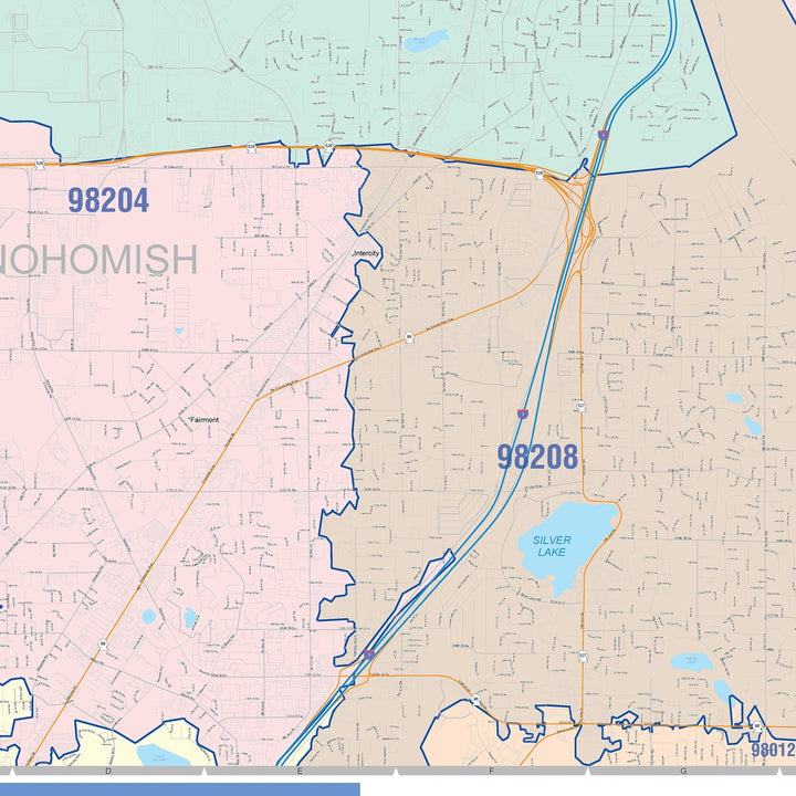 Color Cast Zip Code Style Wall Map of Everett, WA