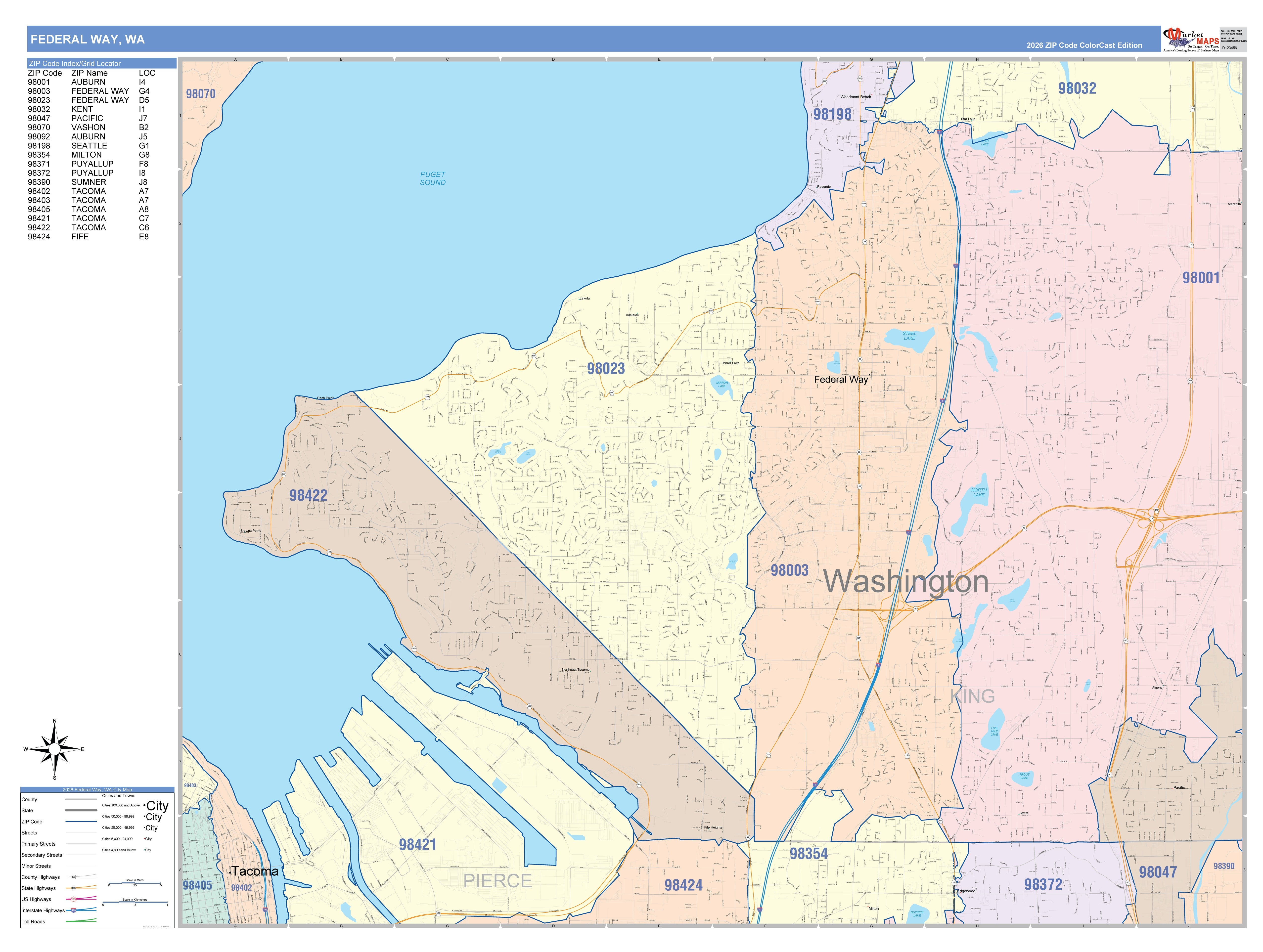 Color Cast Zip Code Style Wall Map of Federal Way, WA – American Map Store