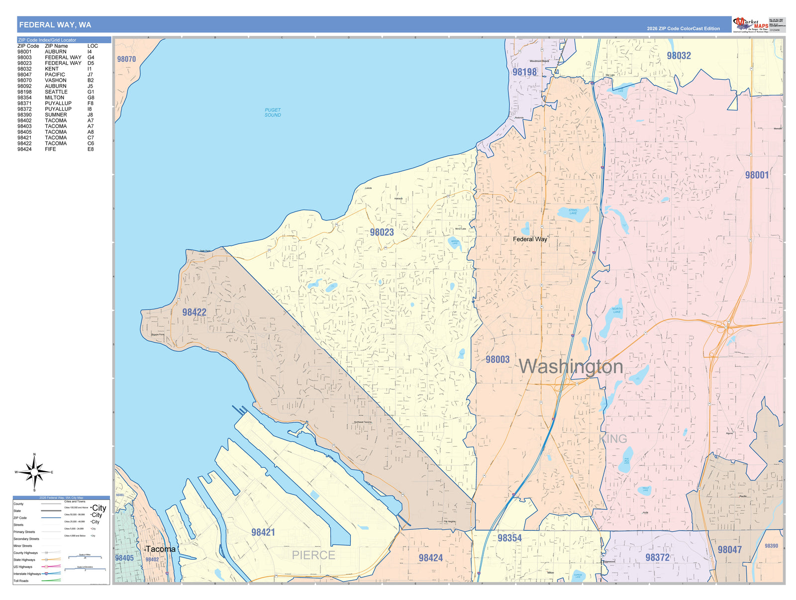 Color Cast Zip Code Style Wall Map of Federal Way, WA
