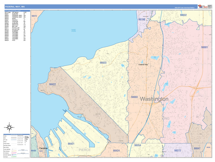 Color Cast Zip Code Style Wall Map of Federal Way, WA