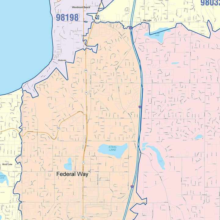Color Cast Zip Code Style Wall Map of Federal Way, WA