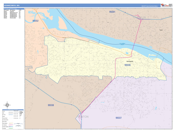 Color Cast Zip Code Style Wall Map of Kennewick, WA