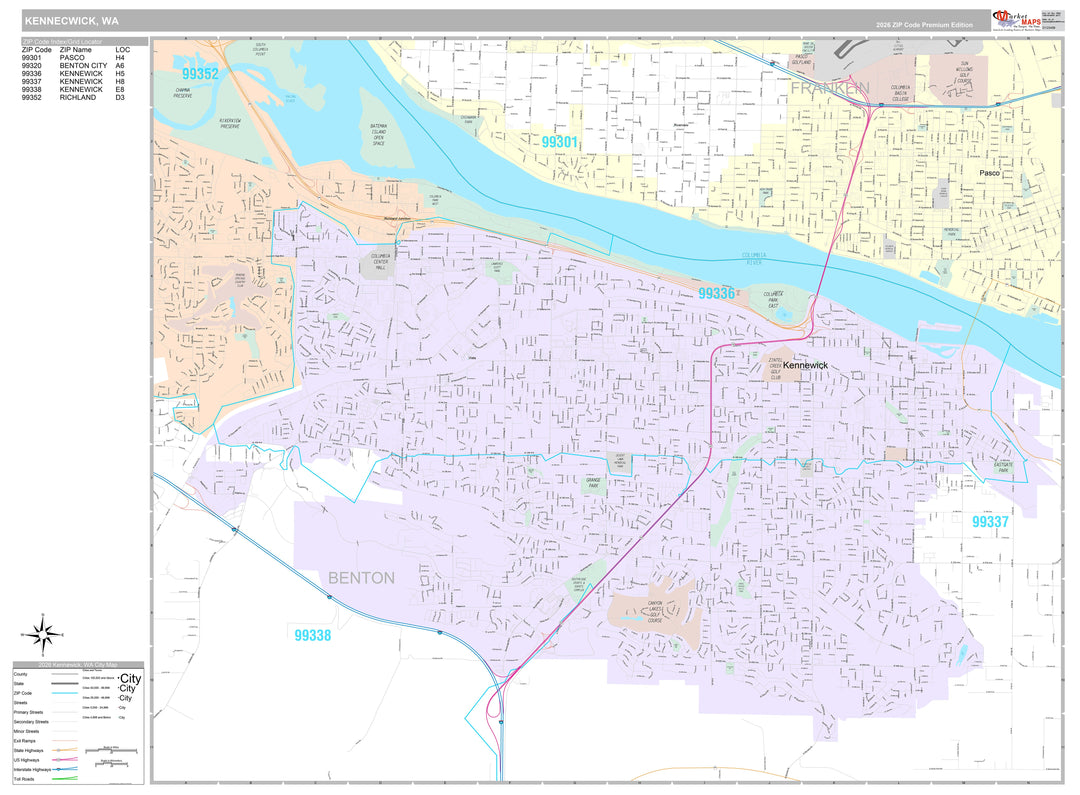 Premium Style Wall Map of Kennewick, WA