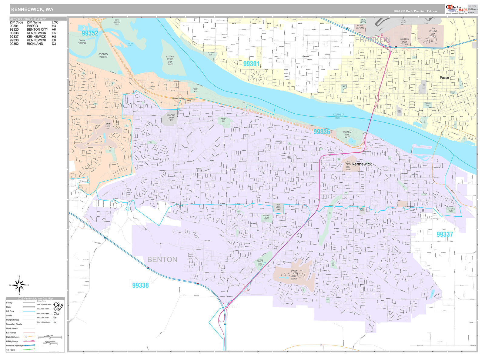 Premium Style Wall Map of Kennewick, WA