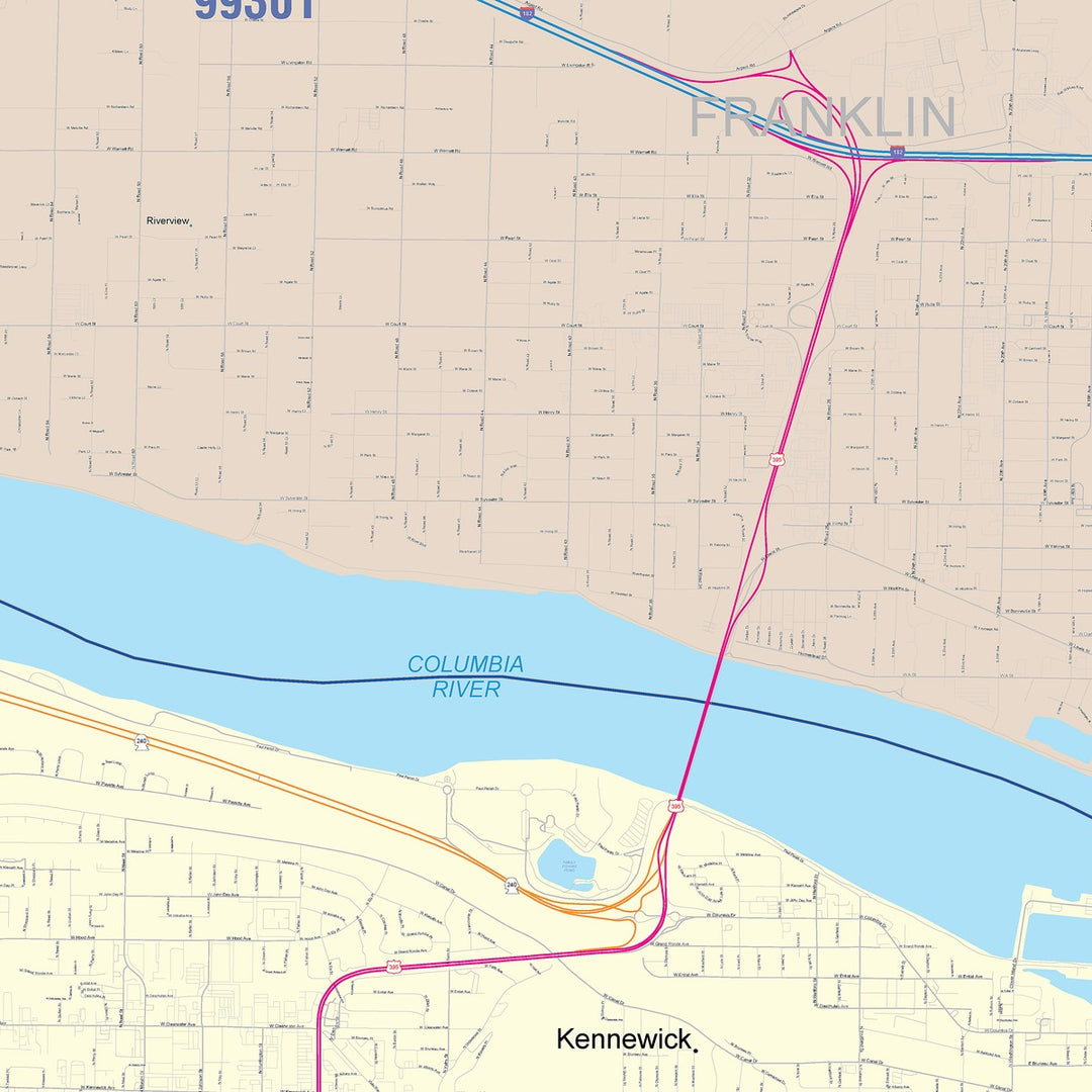 Color Cast Zip Code Style Wall Map of Kennewick, WA