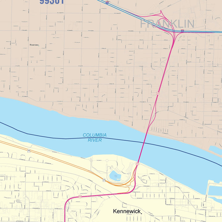 Color Cast Zip Code Style Wall Map of Kennewick, WA