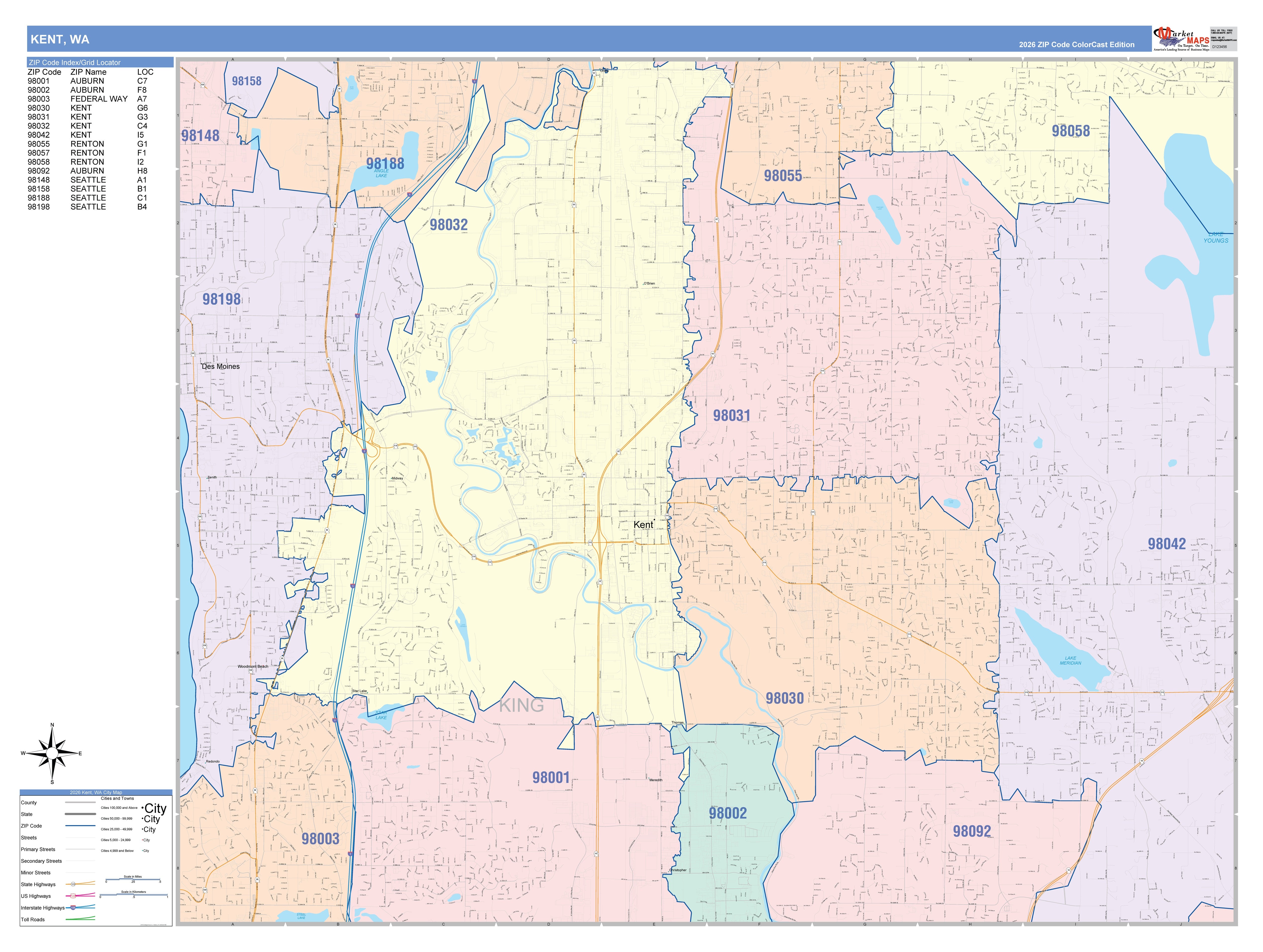 98032 Zip Code Map Color Cast Zip Code Style Wall Map of Kent, WA – American Map Store