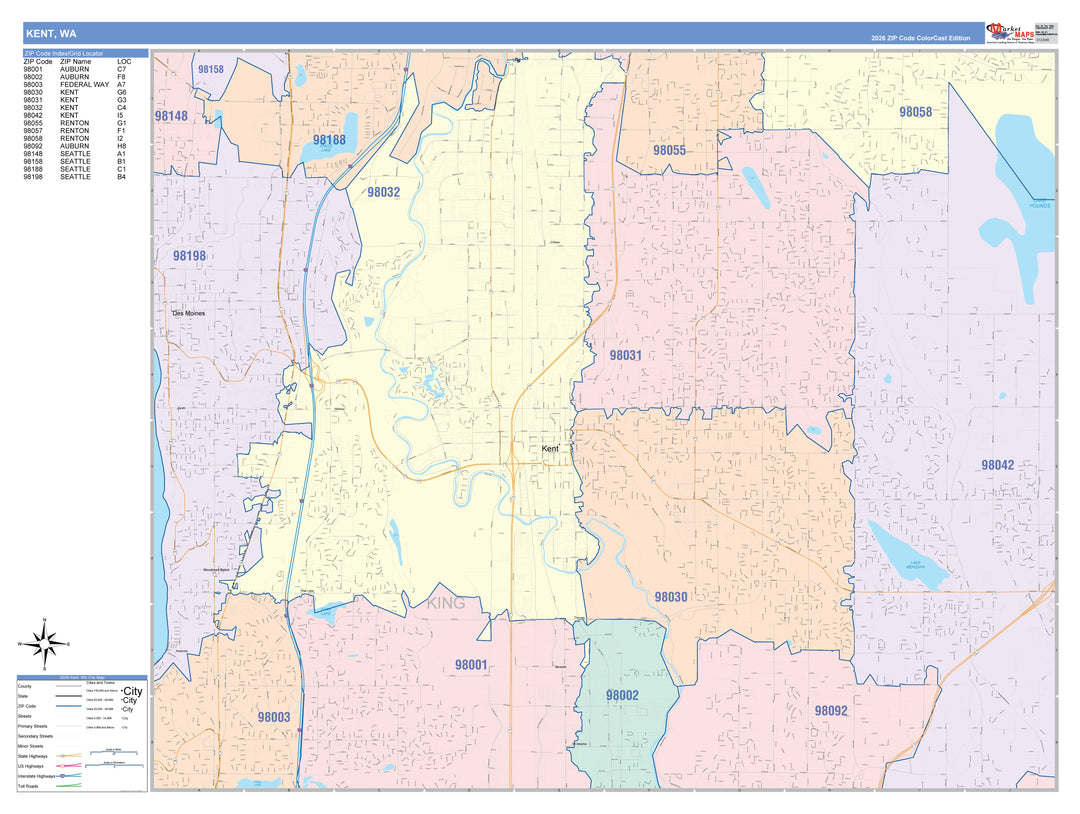 Color Cast Zip Code Style Wall Map of Kent, WA