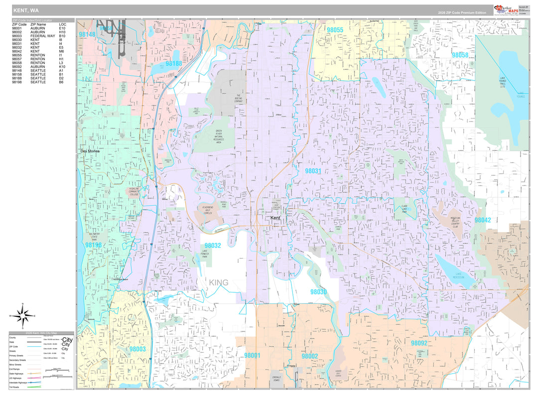Premium Style Wall Map of Kent, WA