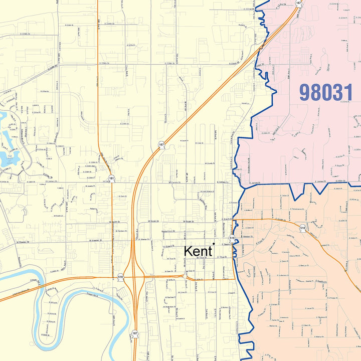 Color Cast Zip Code Style Wall Map of Kent, WA