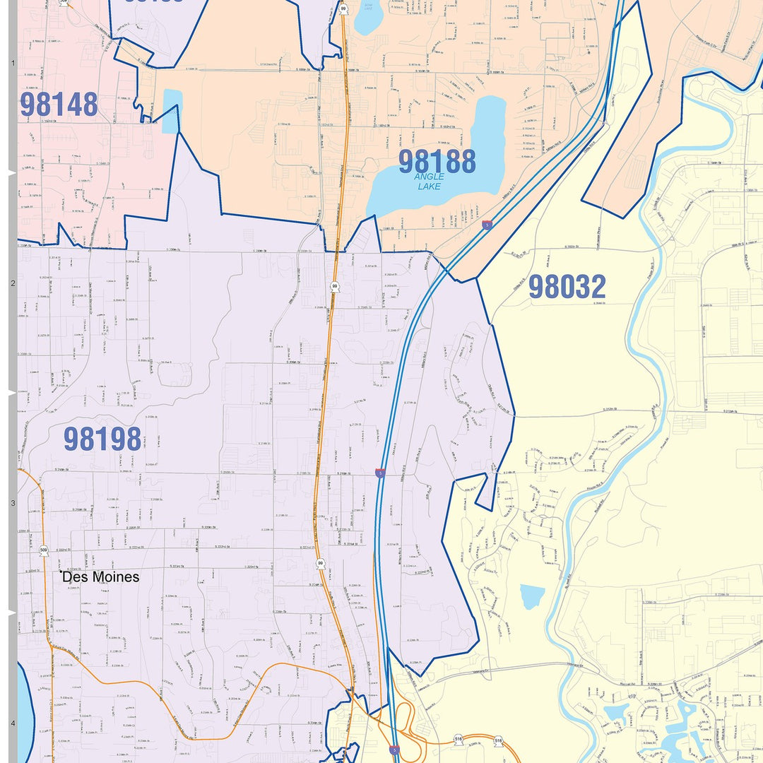 Color Cast Zip Code Style Wall Map of Kent, WA