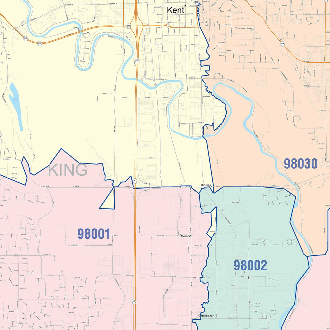 Color Cast Zip Code Style Wall Map of Kent, WA
