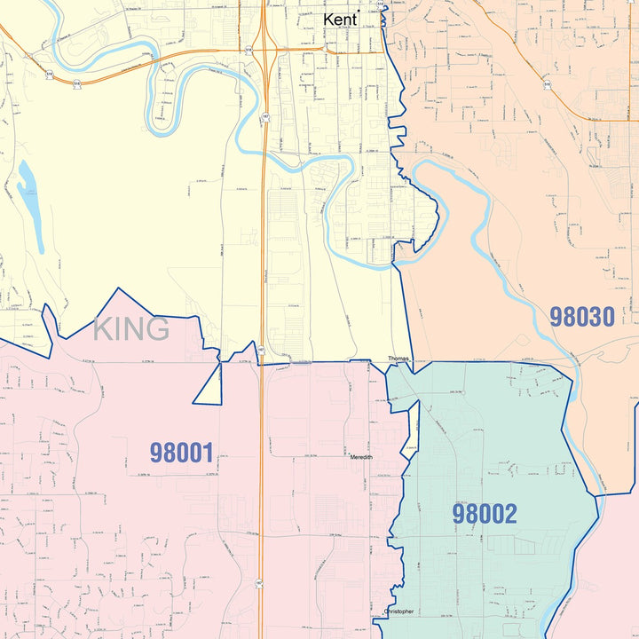 Color Cast Zip Code Style Wall Map of Kent, WA