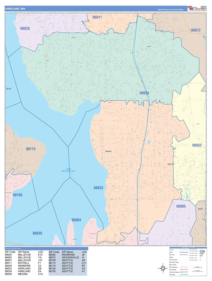Color Cast Zip Code Style Wall Map of Kirkland, WA