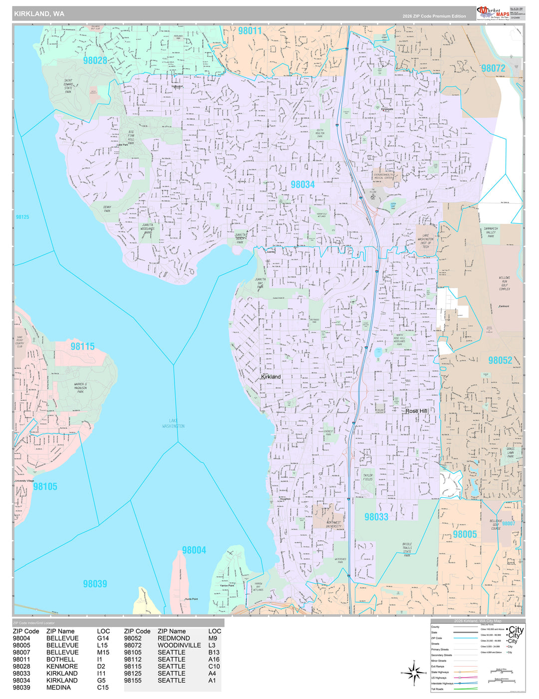 Premium Style Wall Map of Kirkland, WA