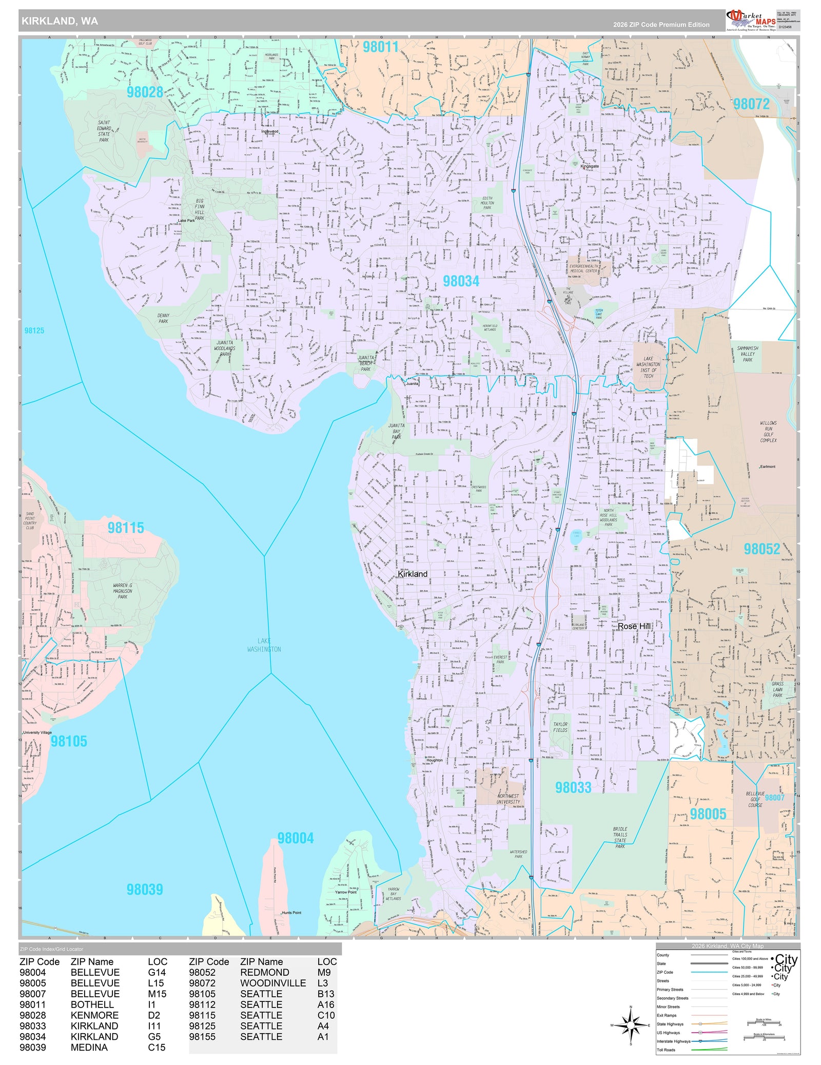 Premium Style Wall Map of Kirkland, WA