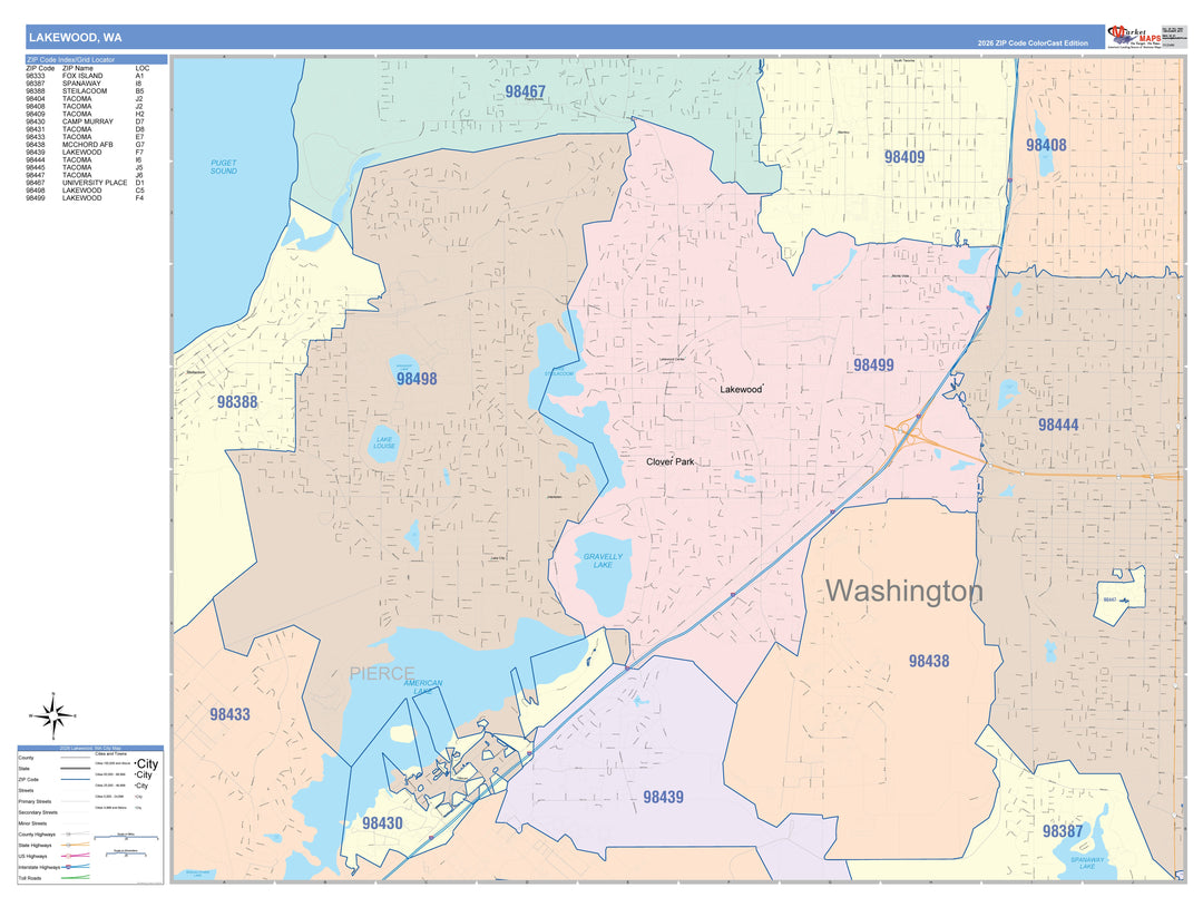 Color Cast Zip Code Style Wall Map of Lakewood, WA