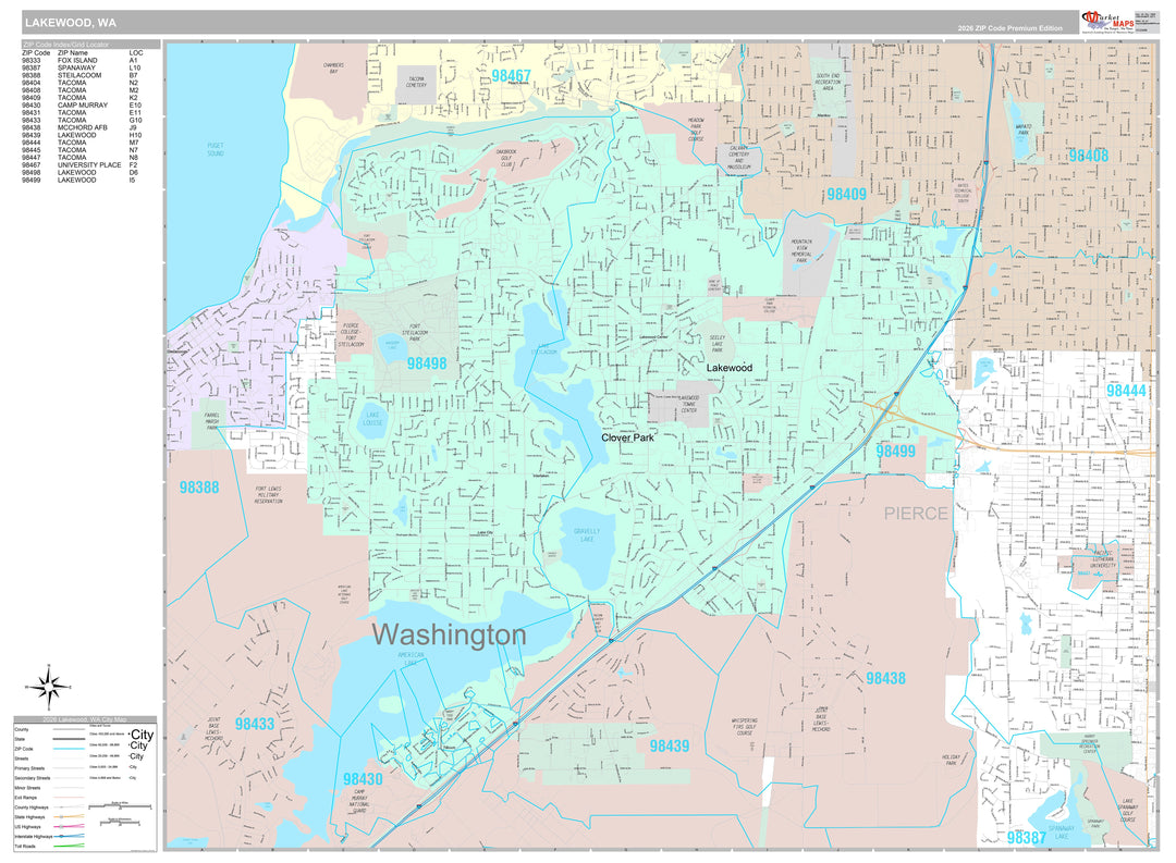 Premium Style Wall Map of Lakewood, WA