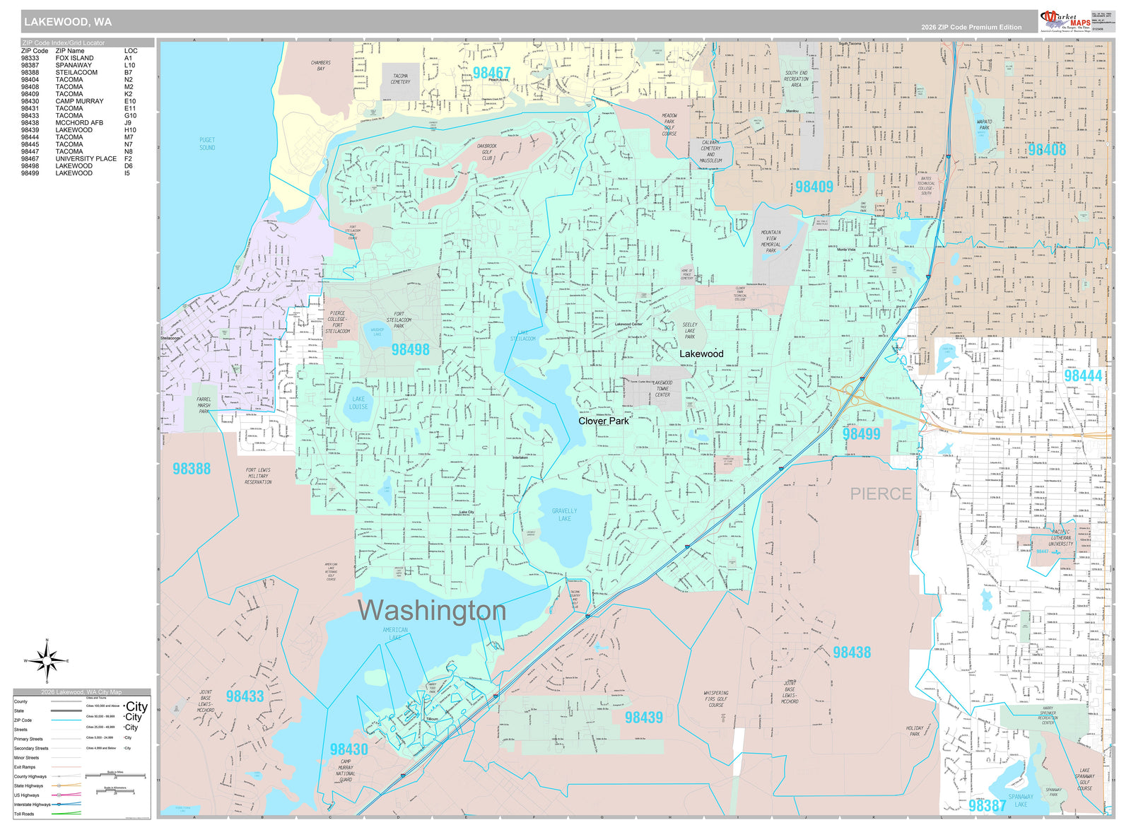 Premium Style Wall Map of Lakewood, WA