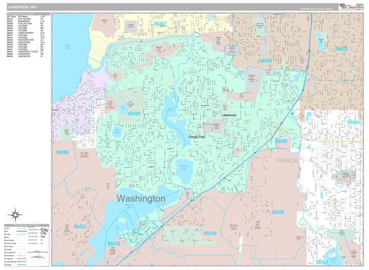 Premium Style Wall Map of Lakewood, WA