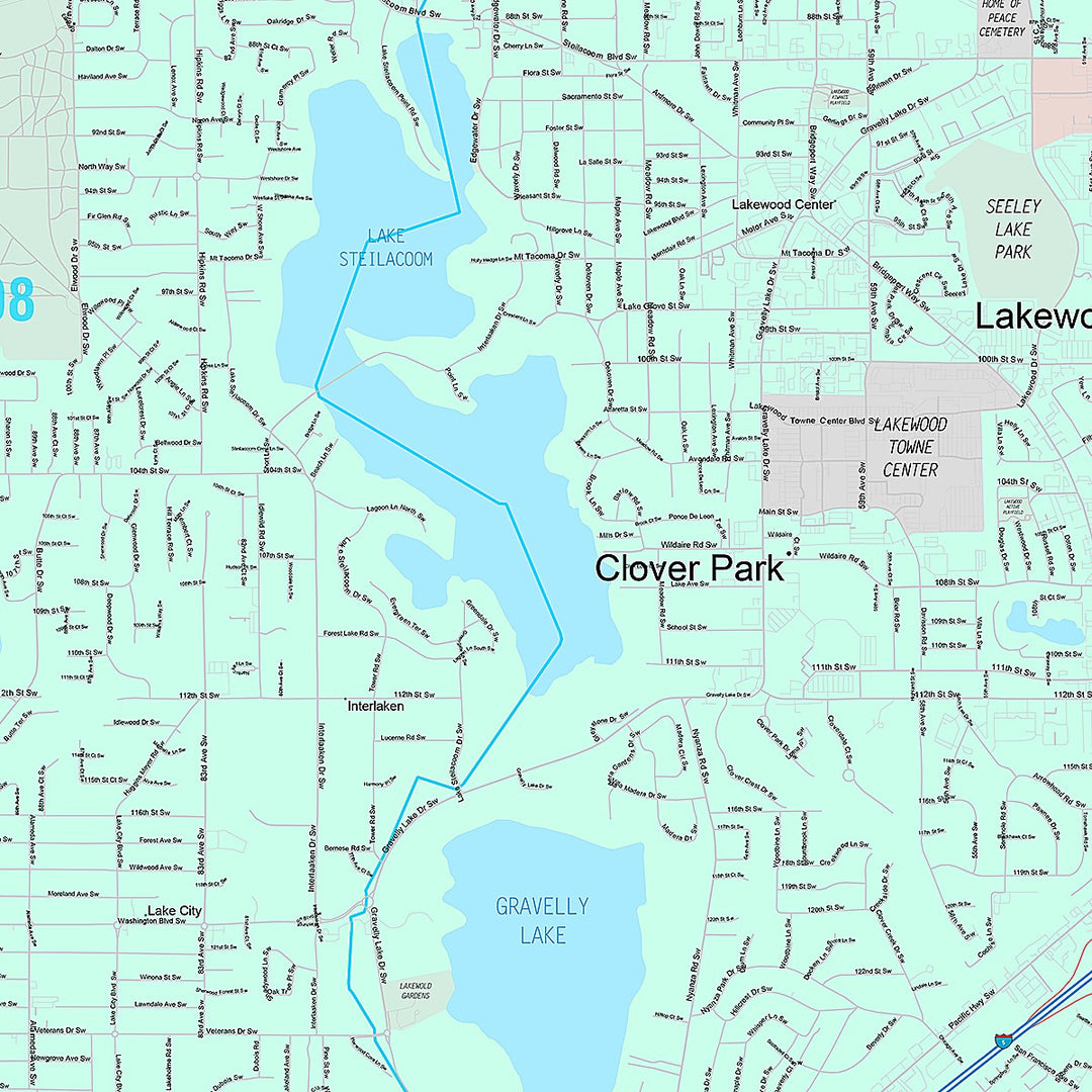 Premium Style Wall Map of Lakewood, WA