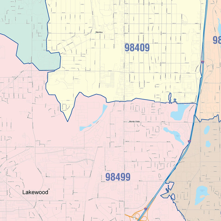 Color Cast Zip Code Style Wall Map of Lakewood, WA