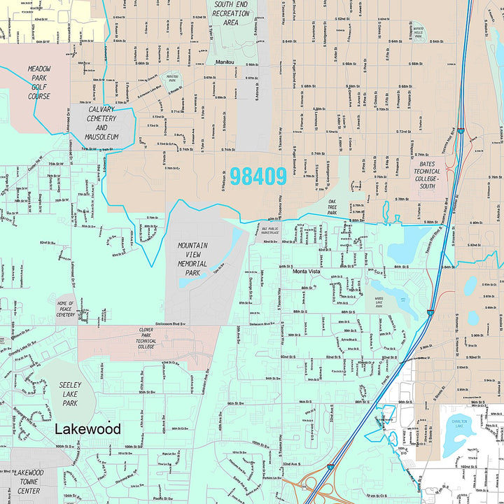 Premium Style Wall Map of Lakewood, WA