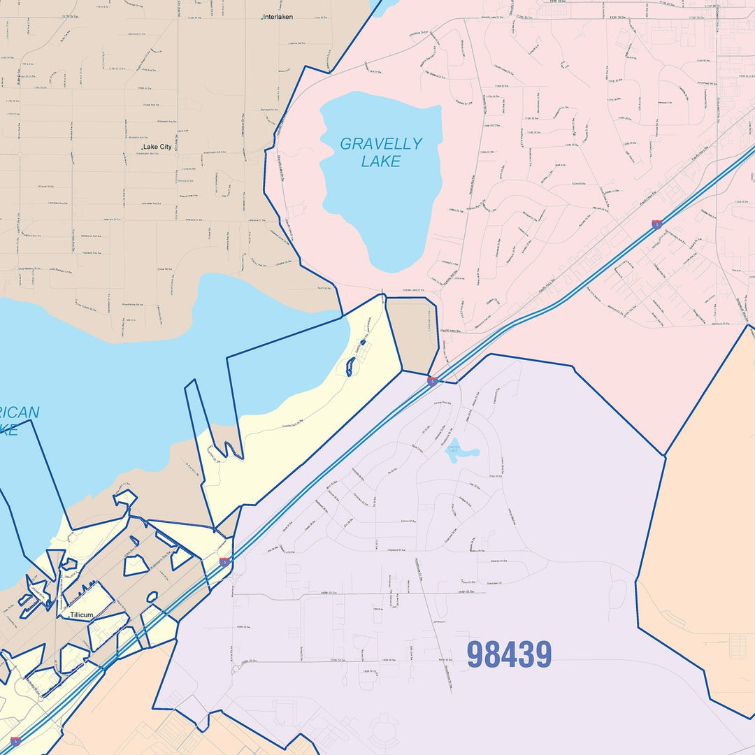 Color Cast Zip Code Style Wall Map of Lakewood, WA