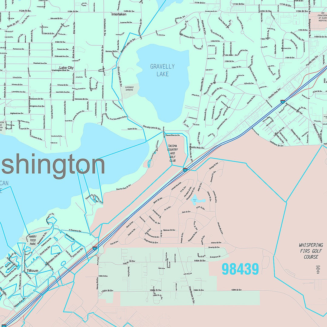 Premium Style Wall Map of Lakewood, WA
