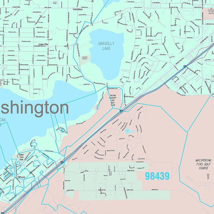Premium Style Wall Map of Lakewood, WA