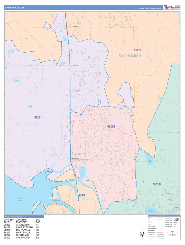 Color Cast Zip Code Style Wall Map of Marysville, WA